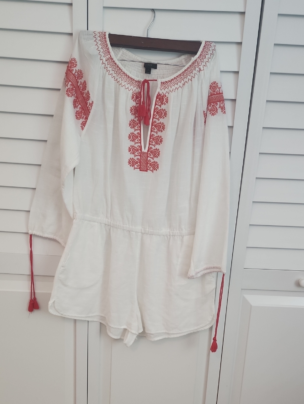 White Boho Embroidered Romper with Red Accents